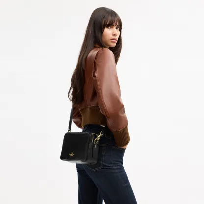 COACH®,Carey Crossbody Bag,Recycled Polyester,Leather,Camera Bag,Metal,Logo,Adjustable,Lined,Gold Metal,Casual,Black