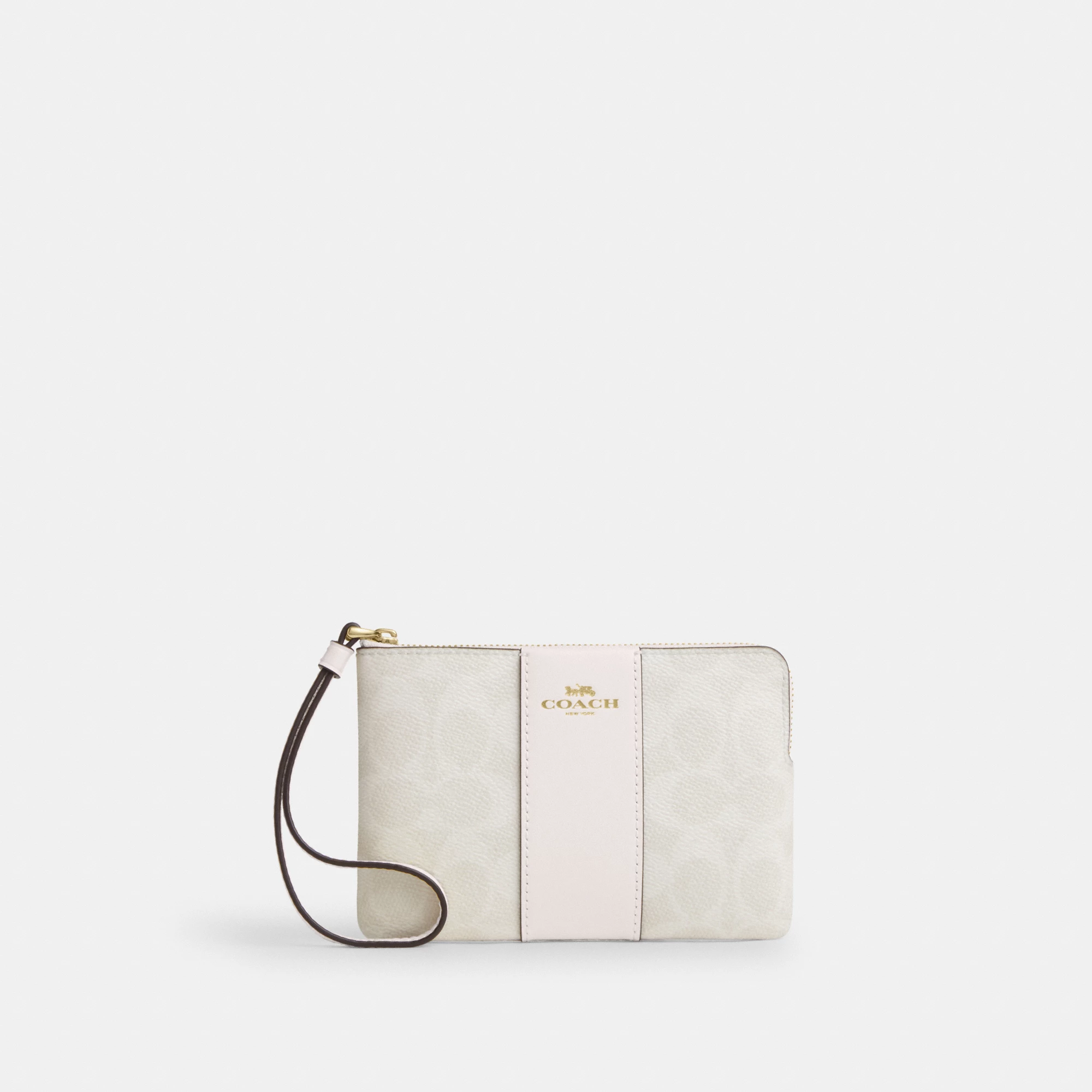 COACH®,Corner Zip Wristlet In Signature Canvas With Stripe,Wristlet,Pouch,Color Block,Casual,White,Front View