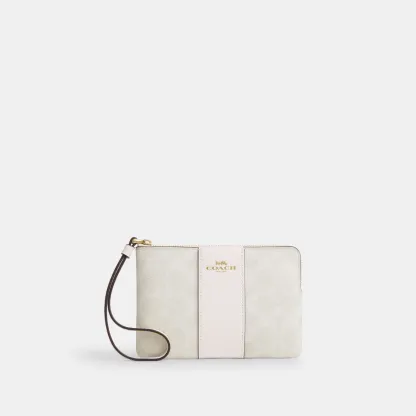 COACH®,Corner Zip Wristlet In Signature Canvas With Stripe,Wristlet,Pouch,Color Block,Casual,White,Front View