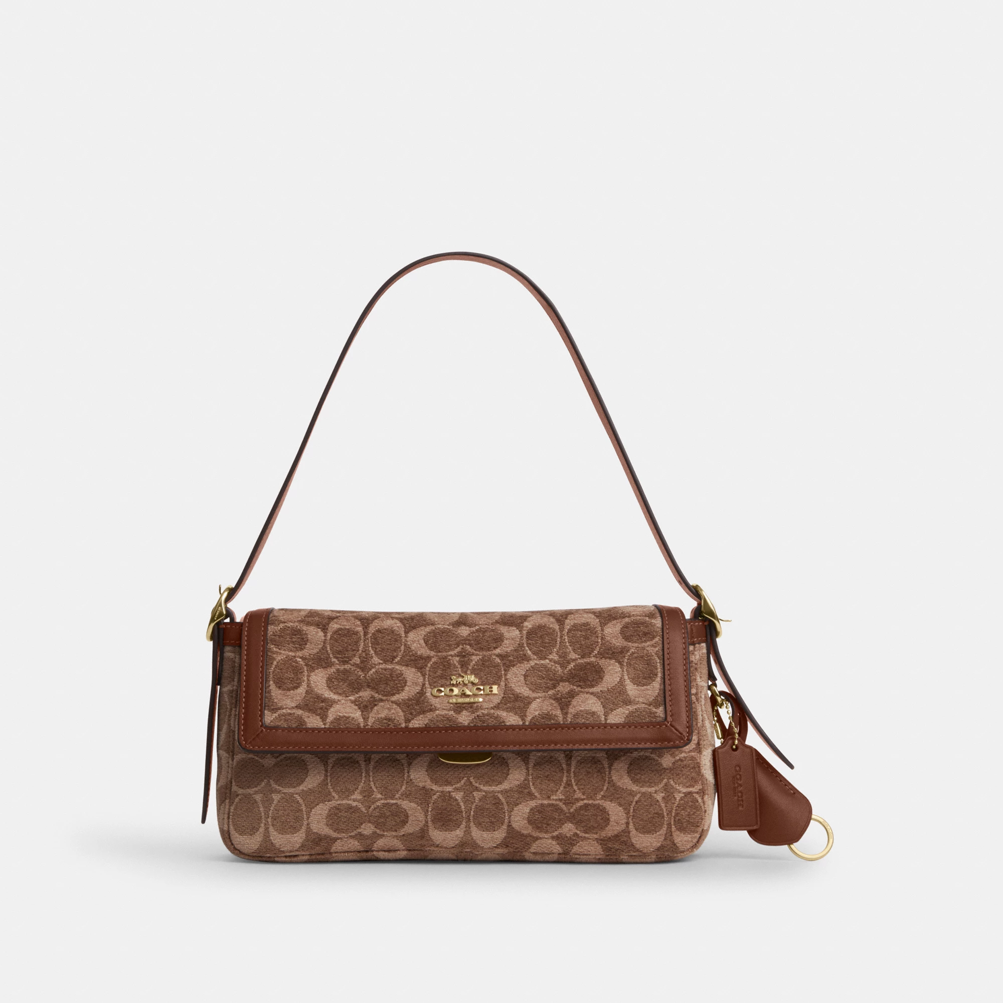 COACH®,Etta Small Flap Shoulder Bag In Signature Chenille,Leather,Fabric,Shoulder Bag,Word Embellishment,Logo,Adjustable,C...,Brown,Front View