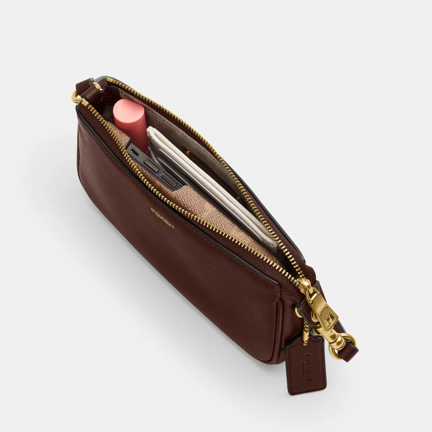 COACH®,Plaza Bag 18,Leather,Shoulder Bag,Compact,Lined,Adjustable,Brass,Gold Metal,Day Party,Brown,Inside View,Top View