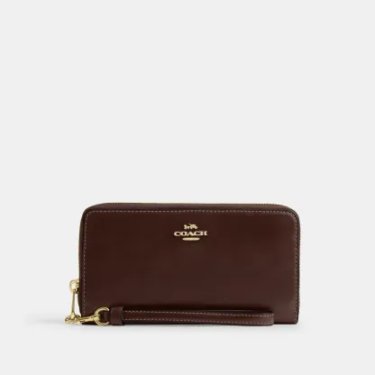 COACH®,Long Zip Around Wallet,Leather,Wristlet,Continental,Logo,Metal,Casual,Brown,Front View
