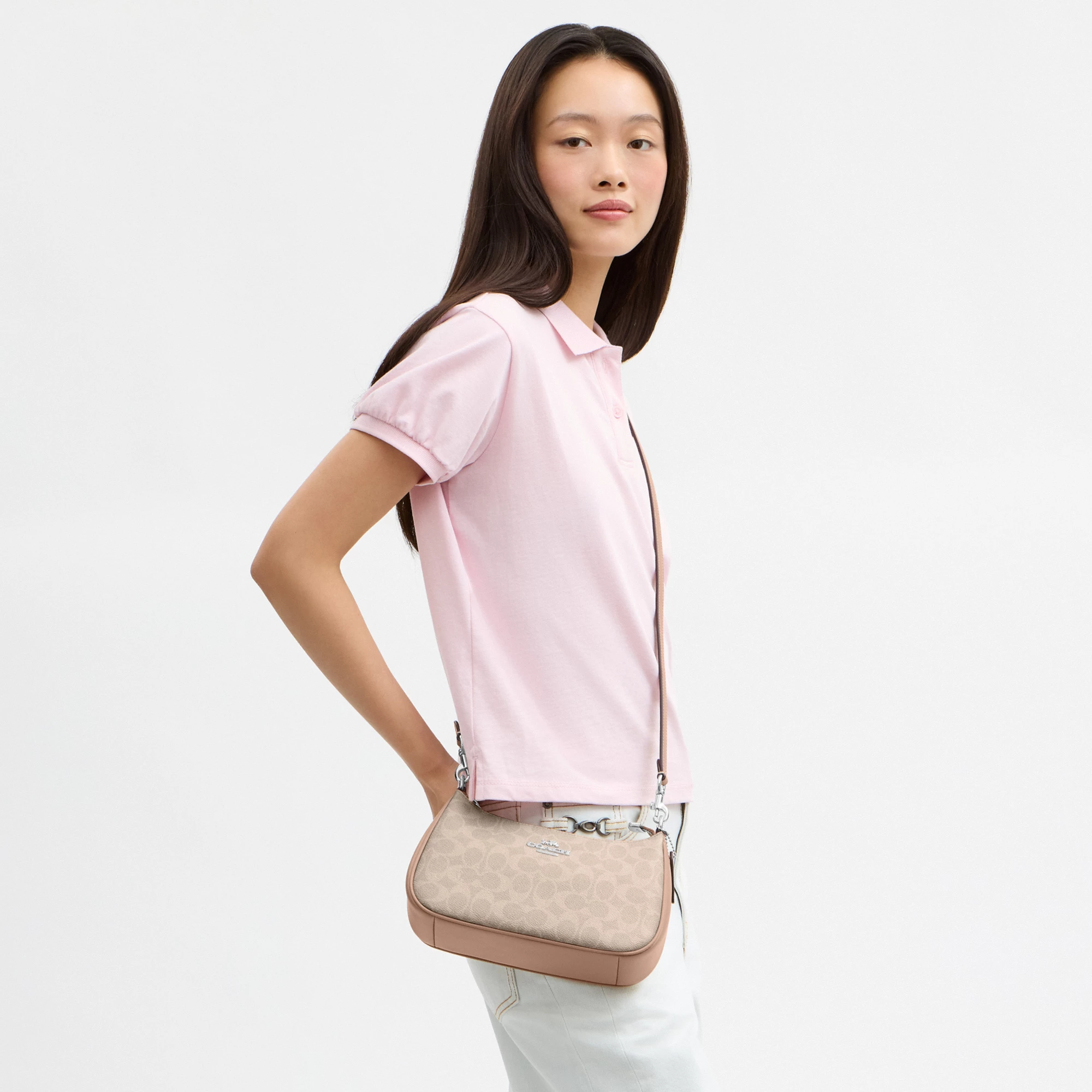 COACH®,Teri Shoulder Bag In Signature Canvas,Shoulder Bag,Logo,Tag Embellishment,Embossed,Metal,Casual,Beige