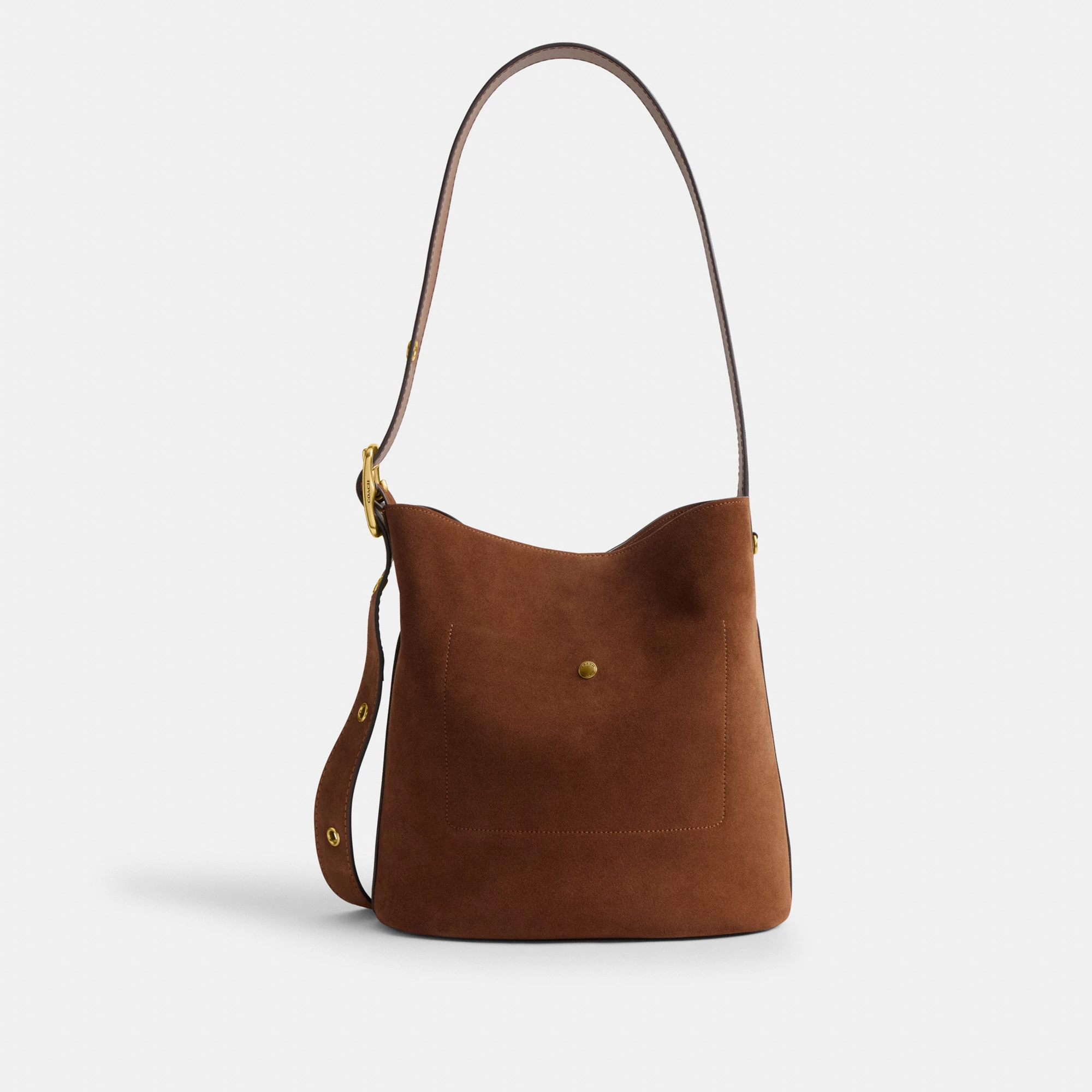 COACH®,Bleecker Bucket Bag,Leather,Suede,Bucket,Hobo,Embellished,Lined,Adjustable,Gold Metal,Casual,Brown,Back View