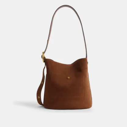COACH®,Bleecker Bucket Bag,Leather,Suede,Bucket,Hobo,Embellished,Lined,Adjustable,Gold Metal,Casual,Brown,Back View
