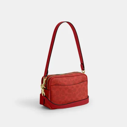 COACH®,Mini Carey Crossbody Bag In Signature Canvas,Polyester,Leather,Canvas,Crossbody,Metal Material,Logo,Metal,Piping,Pe...,Red,Angle View
