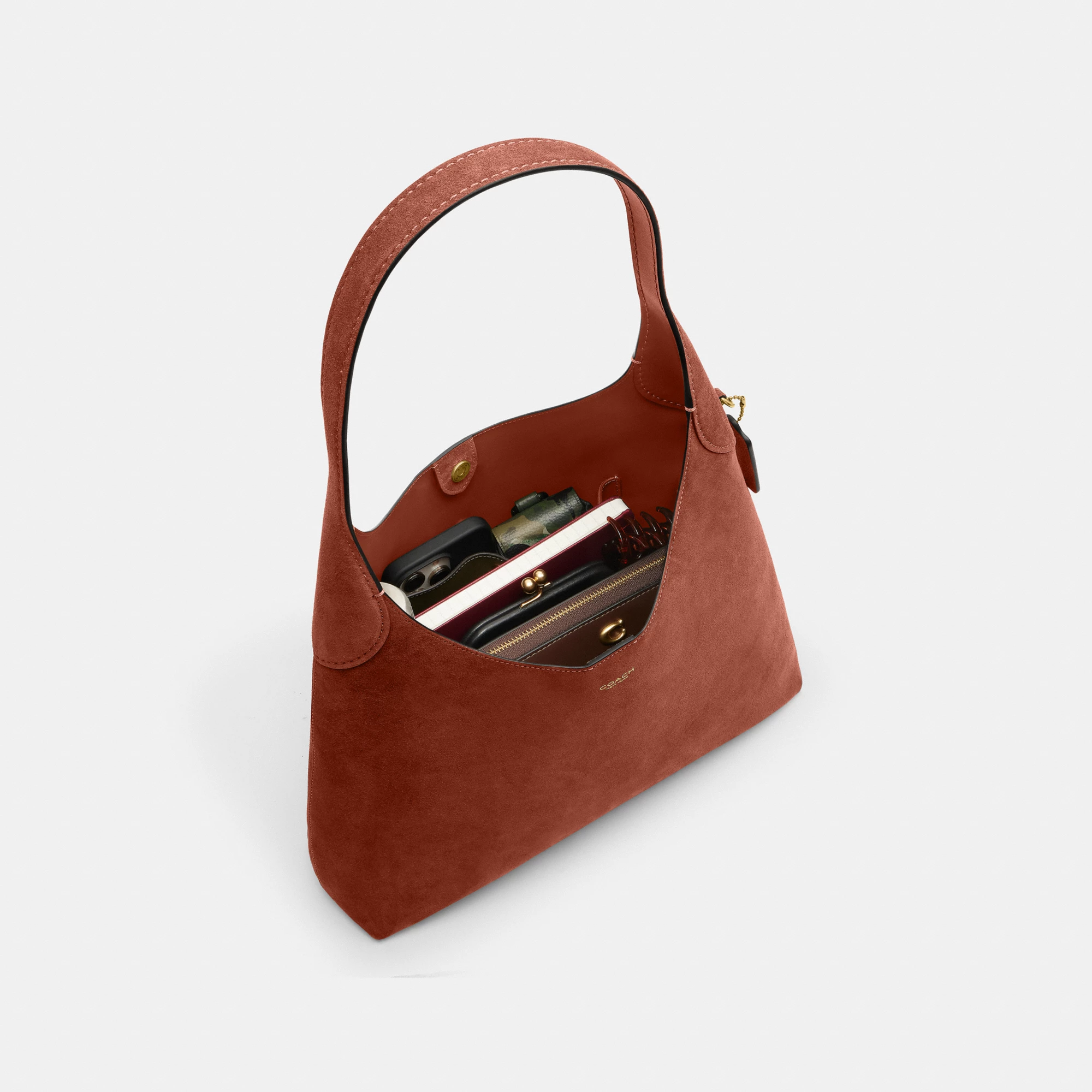 COACH®,Brooklyn Shoulder Bag 34,Suede,Hobo,Brass,Casual,Brown,Inside View,Top View