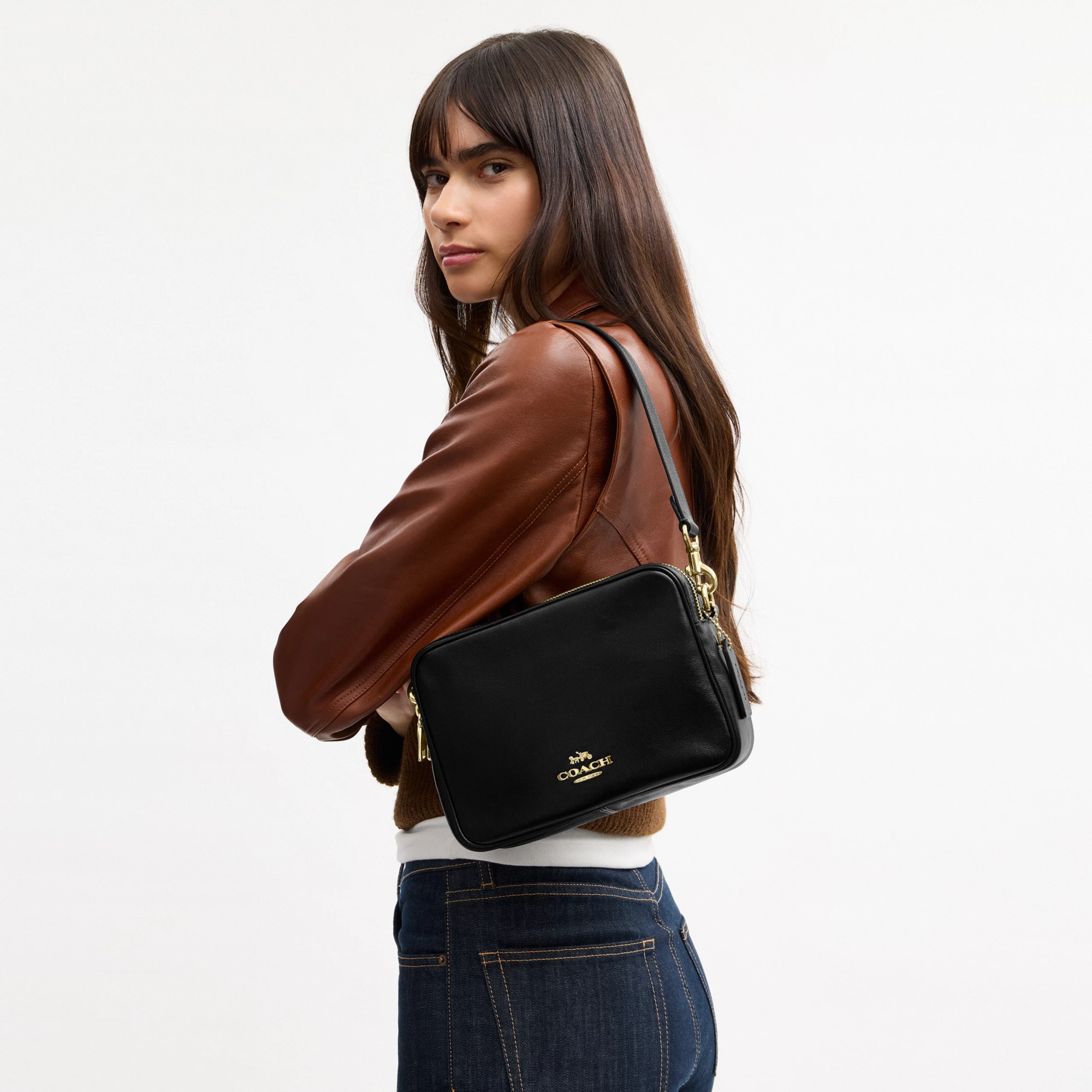 COACH®,Carey Crossbody Bag,Recycled Polyester,Leather,Camera Bag,Metal,Logo,Adjustable,Lined,Gold Metal,Casual,Black,Detail View