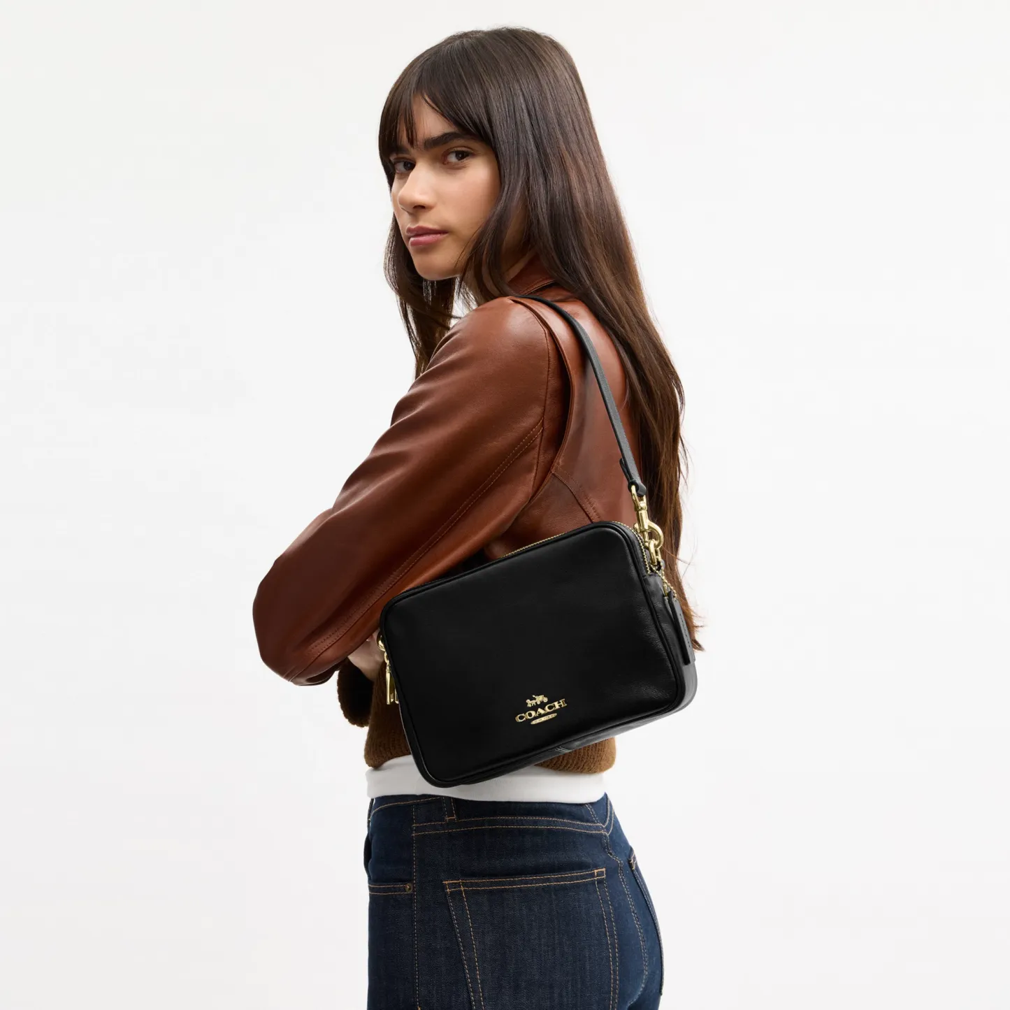 COACH®,Carey Crossbody Bag,Recycled Polyester,Leather,Camera Bag,Metal,Logo,Adjustable,Lined,Gold Metal,Casual,Black,Detail View