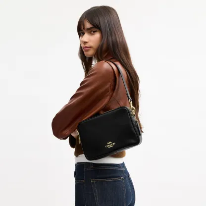 COACH®,Carey Crossbody Bag,Recycled Polyester,Leather,Camera Bag,Metal,Logo,Adjustable,Lined,Gold Metal,Casual,Black,Detail View
