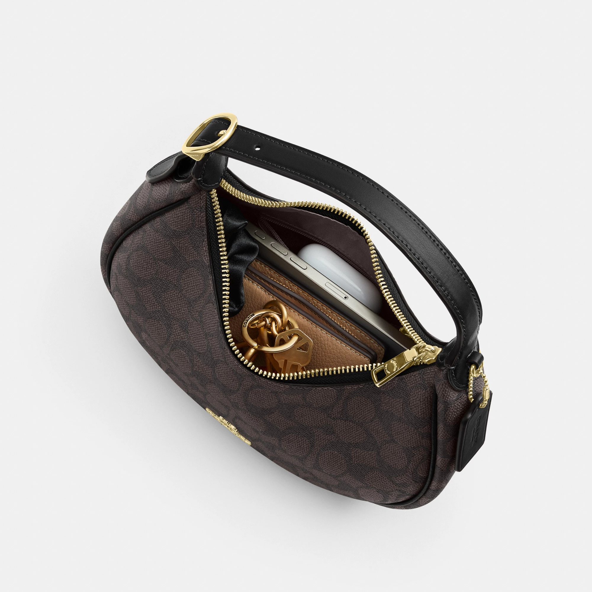 COACH®,Emily Shoulder Bag In Signature Canvas,Leather,Recycled Polyester,Canvas,Shoulder Bag,Metal,Pendant,Piping,Logo,Sus...,Black,Inside View,Top View