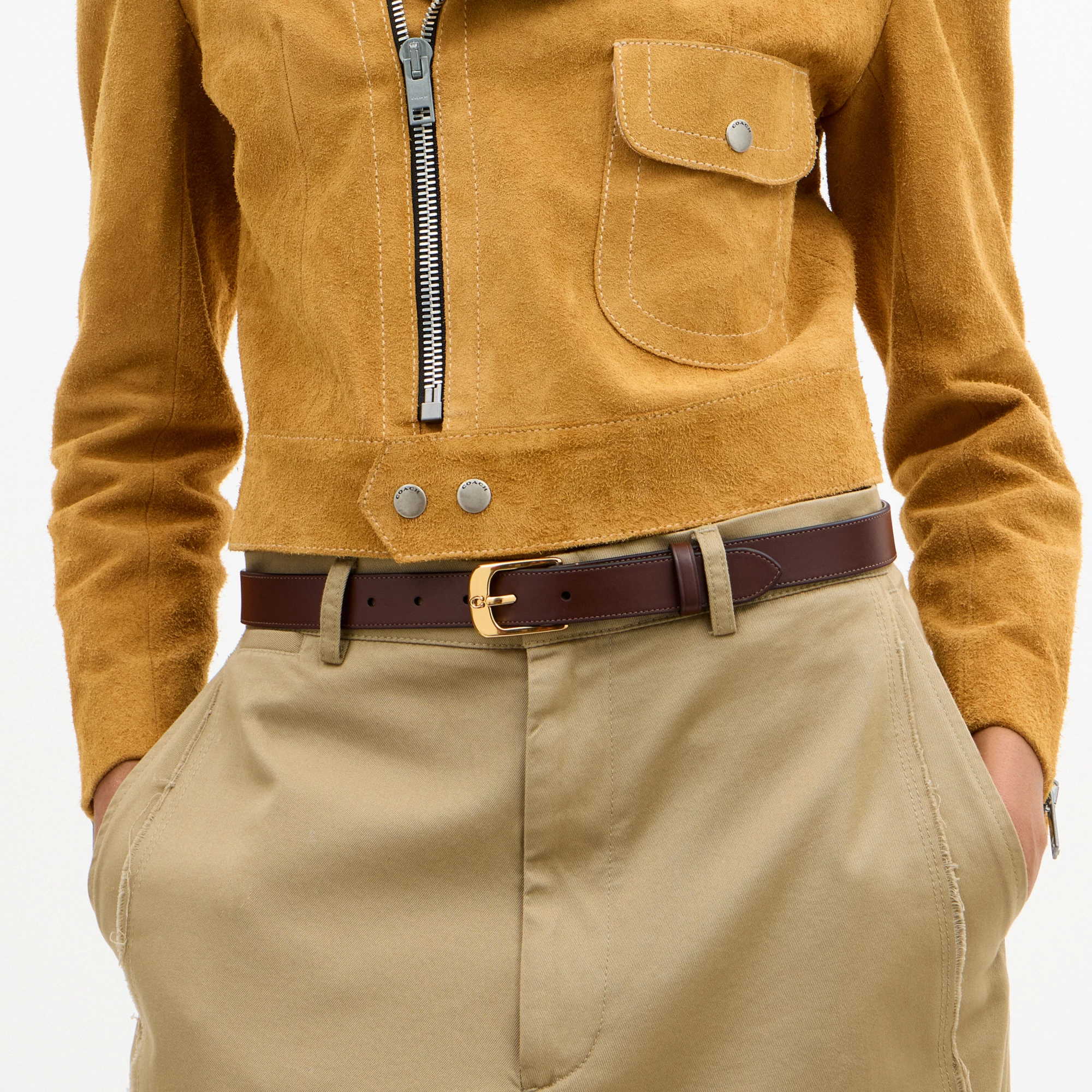 COACH®,C Harness Buckle Belt, 25 Mm,Calfskin Leather,Harness,Gold Metal,Casual,Brown,Detail View