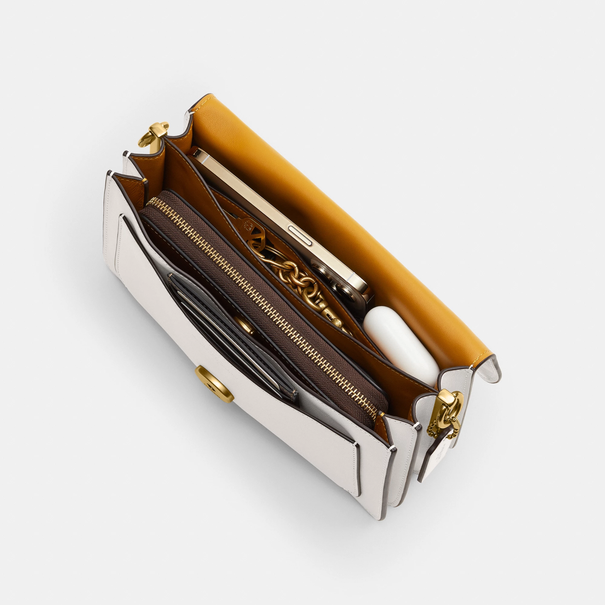 COACH®,Tabby Shoulder Bag 26,Leather,Shoulder Bag,Logo,Metal,Compact,Brass,Casual,White,Inside View,Top View