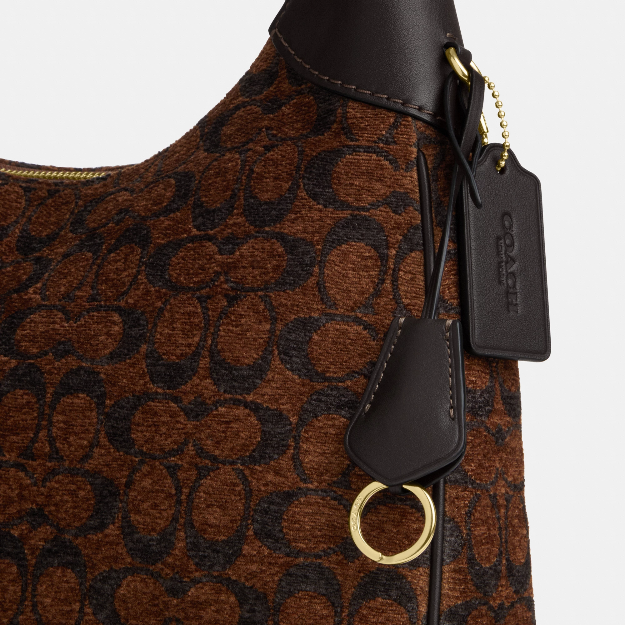 COACH®,Ella Shoulder Bag In Signature Chenille,Mixed Media,Leather,Crossbody,Word Embellishment,Logo,Metal,Lined,Adjustabl...,Brown,Closer View