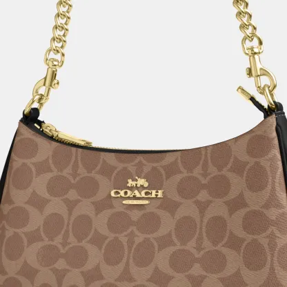 COACH®,Teri Shoulder Bag In Signature Canvas,Shoulder Bag,Logo,Tag Embellishment,Embossed,Metal,Casual,Brown,Closer View