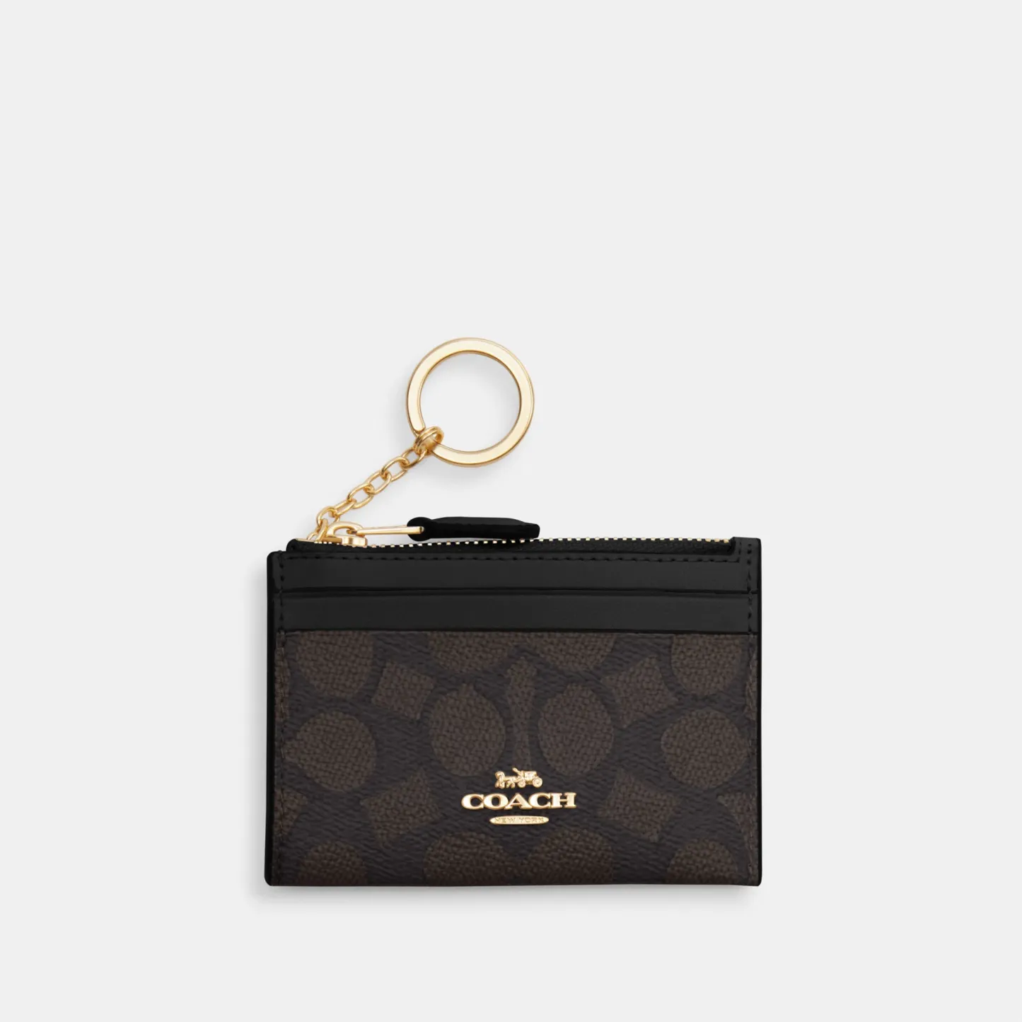 COACH®,Mini Skinny Id Case In Signature Canvas,Card Case,Metal,Color Block,Logo,Sustainable,Key Ring,Casual,Black,Front View