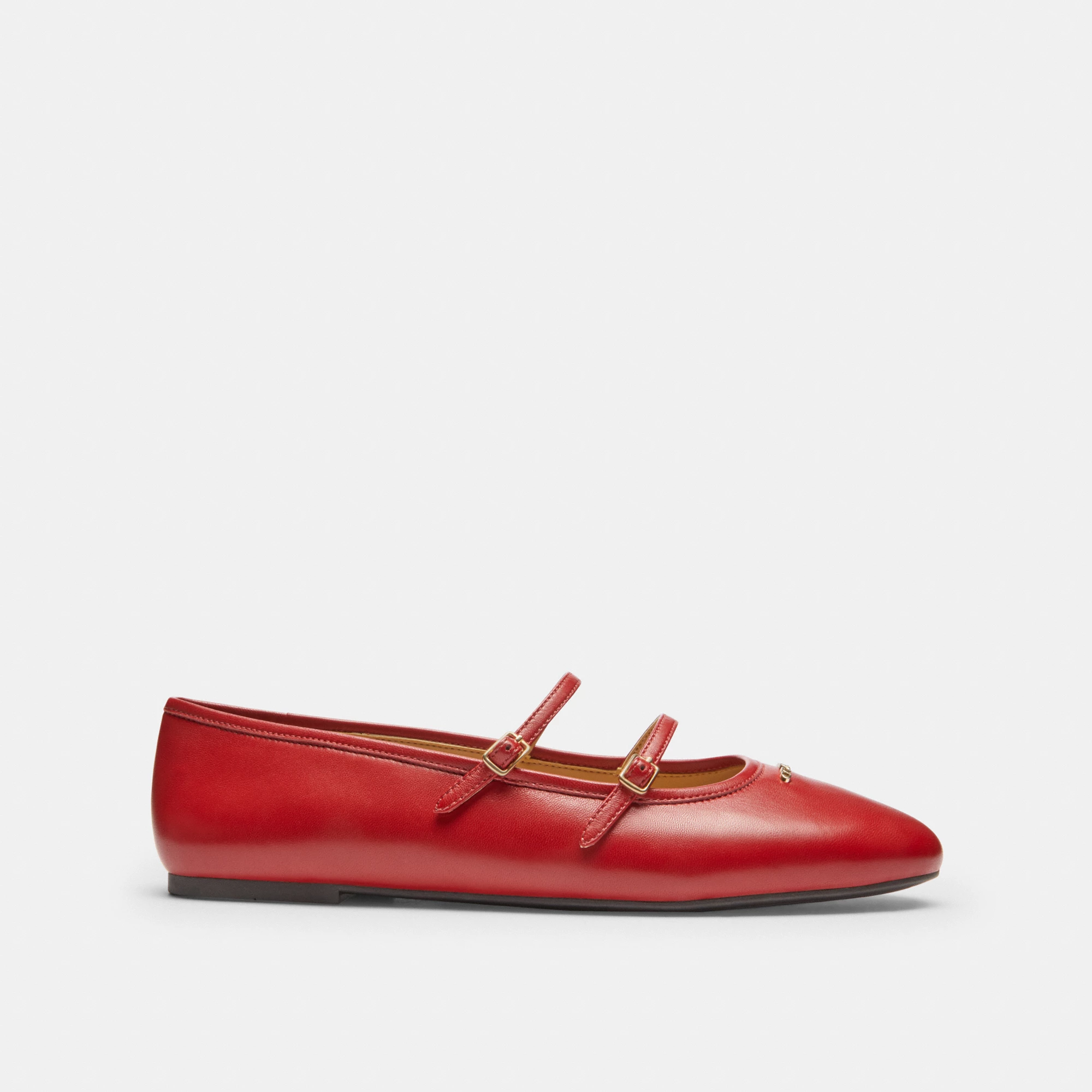 COACH®,Double Buckle Mary Jane,Leather,Rubber,Flats,Cushioned,Traction,Casual,Red,Angle View