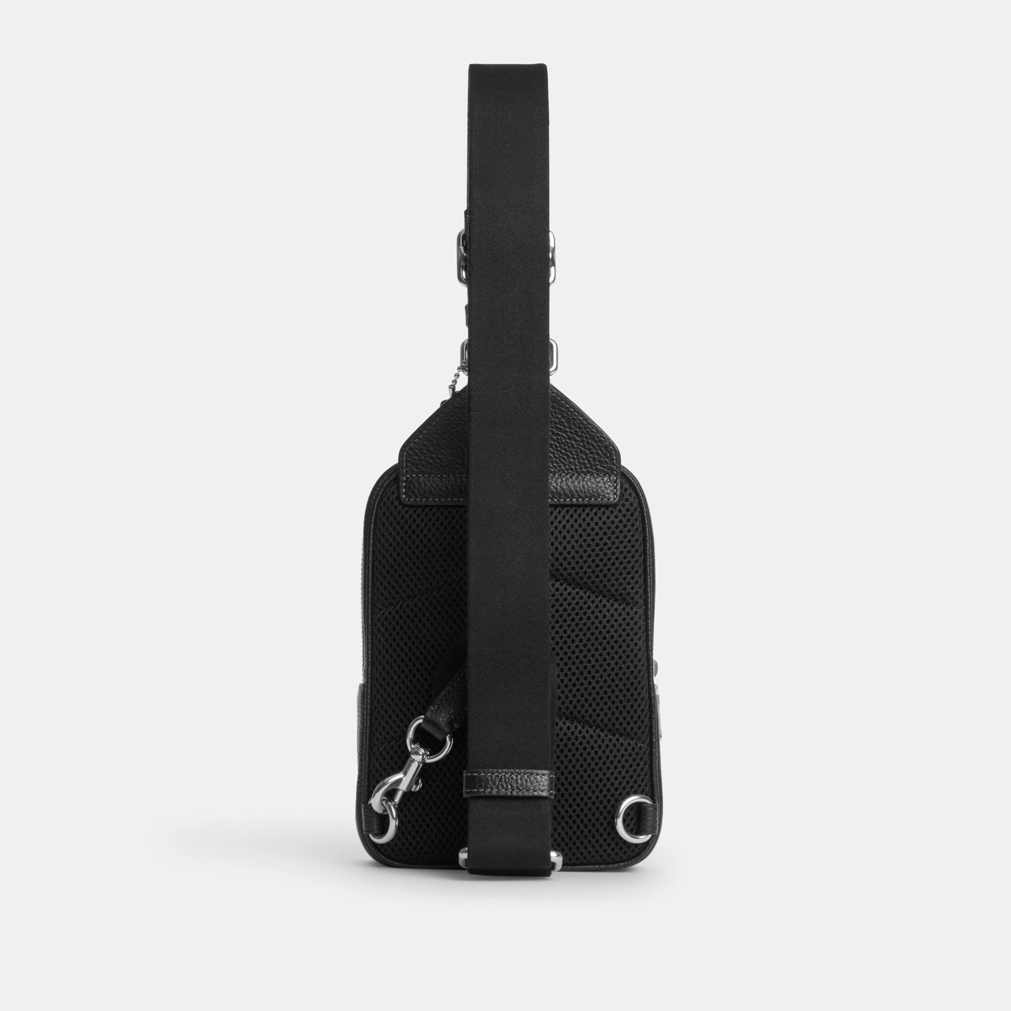COACH®,Racer Sling Pack,Recycled Polyester,Polyester,Leather,Slingback,Metal Material,Metal,Adjustable,Silver Metal,Casual,Black,Back View