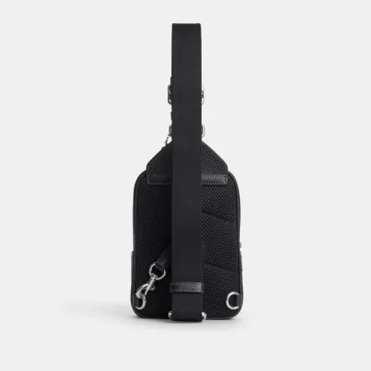 COACH®,Racer Sling Pack,Recycled Polyester,Polyester,Leather,Slingback,Metal Material,Metal,Adjustable,Silver Metal,Casual,Black,Back View