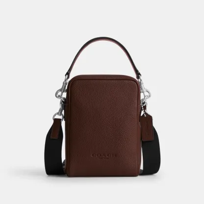 COACH®,Tristan Crossbody Bag 14,Leather,Recycled Polyester,Crossbody,Logo,Convertible,Adjustable,Sustainable,Silver Metal,...,Brown,Front View