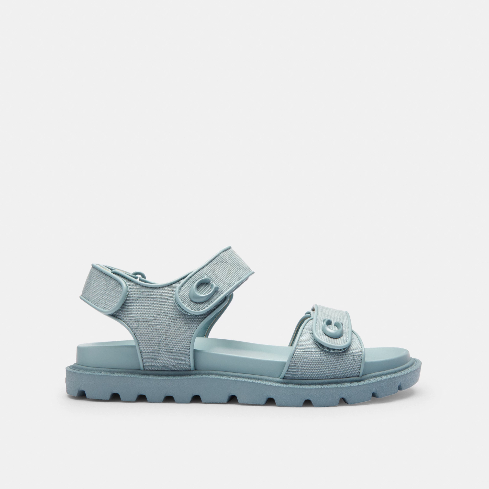 COACH®,Brynn Sandal In Signature Canvas,Cotton,Synthetic,Sandals,Fabric,Logo,Padded Insole,Sustainable,Casual,Blue,Angle View