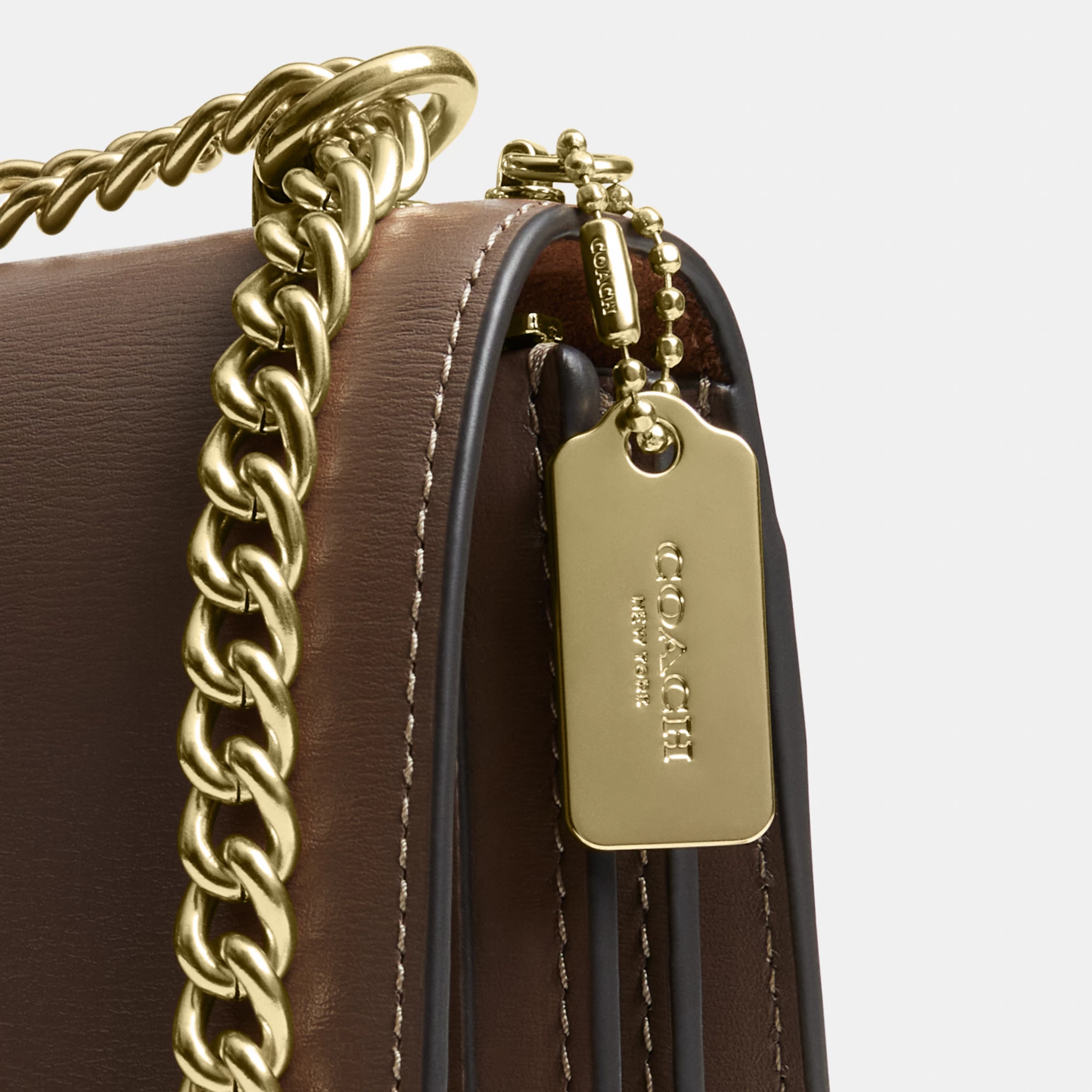 COACH®,Mini Klare Crossbody Bag,Calfskin Leather,Leather,Fabric,Crossbody,Embellished,Compact,Lined,Gold Metal,Day Party,Brown,Closer View