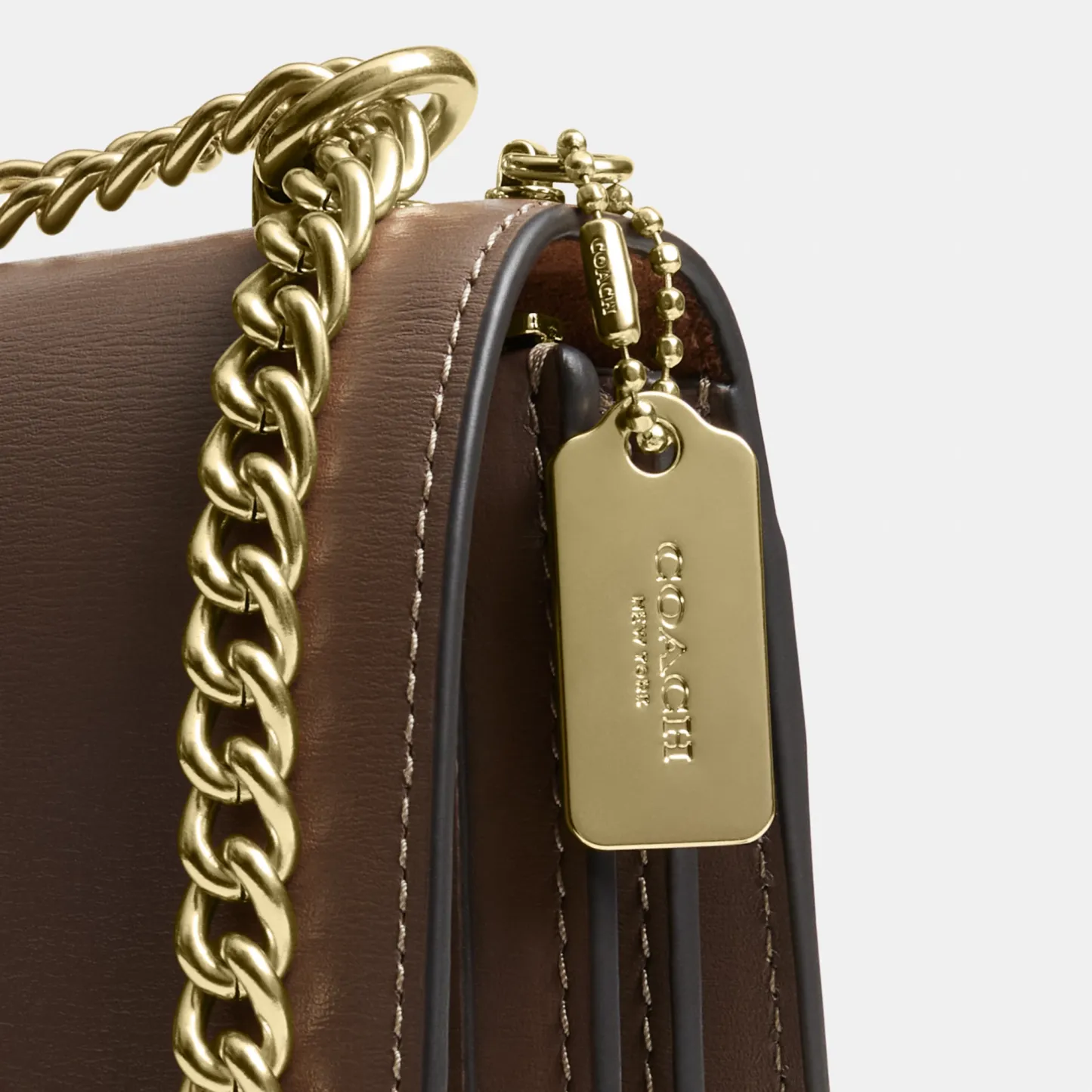 COACH®,Mini Klare Crossbody Bag,Calfskin Leather,Leather,Fabric,Crossbody,Embellished,Compact,Lined,Gold Metal,Day Party,Brown,Closer View