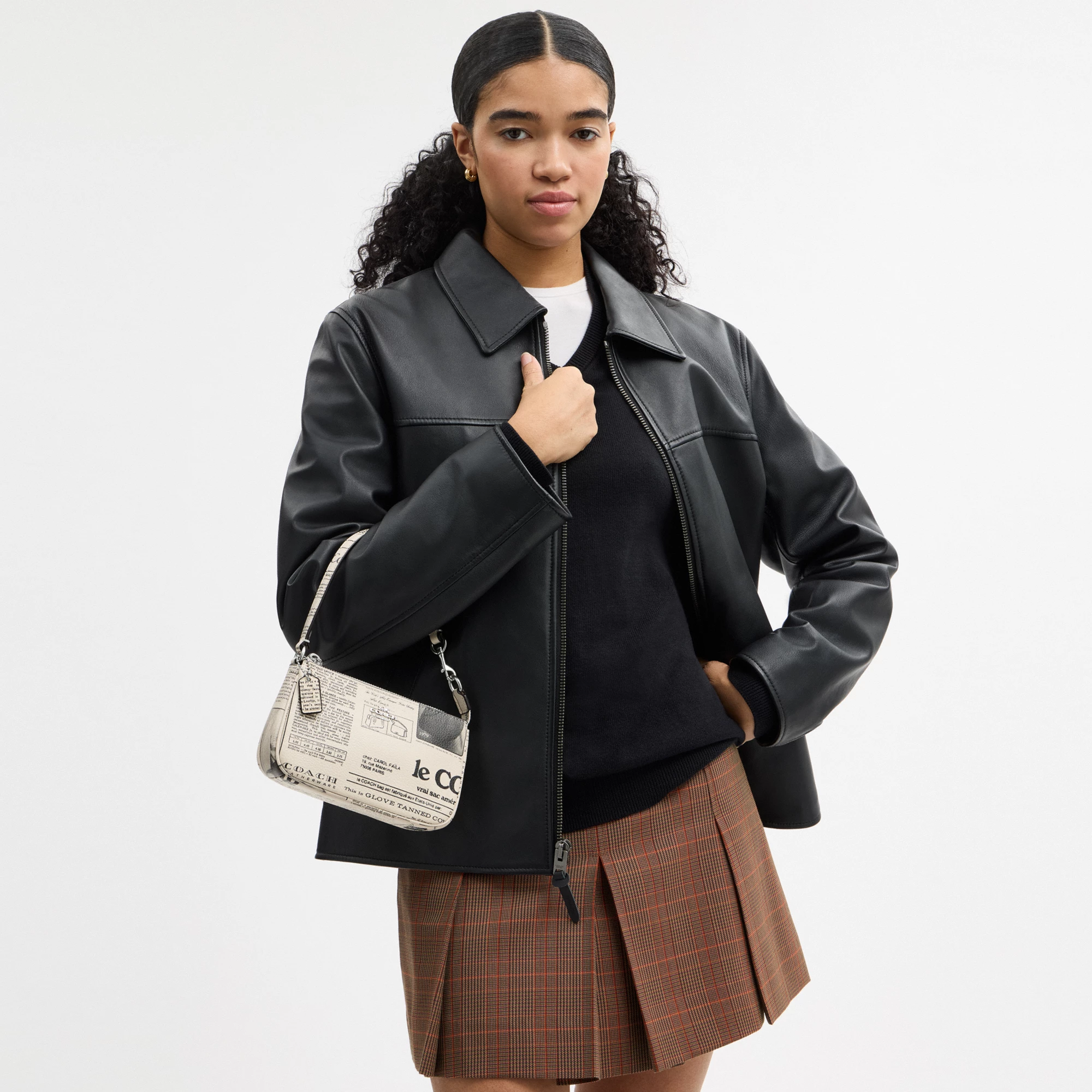 COACH®,Nolita 19 With Newspaper Print,Leather,Shoulder Bag,Metal,Silver Metal,Casual,Cream,Detail View