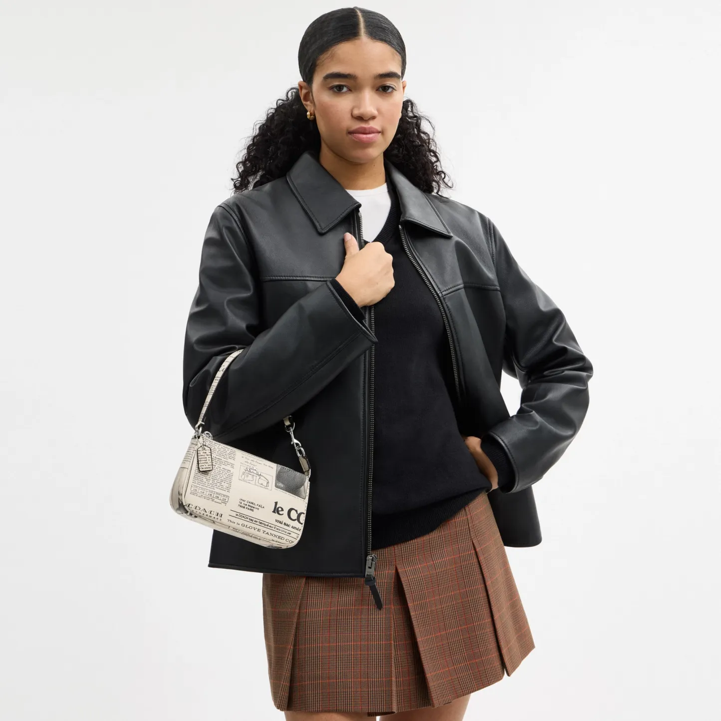 COACH®,Nolita 19 With Newspaper Print,Leather,Shoulder Bag,Metal,Silver Metal,Casual,Cream,Detail View