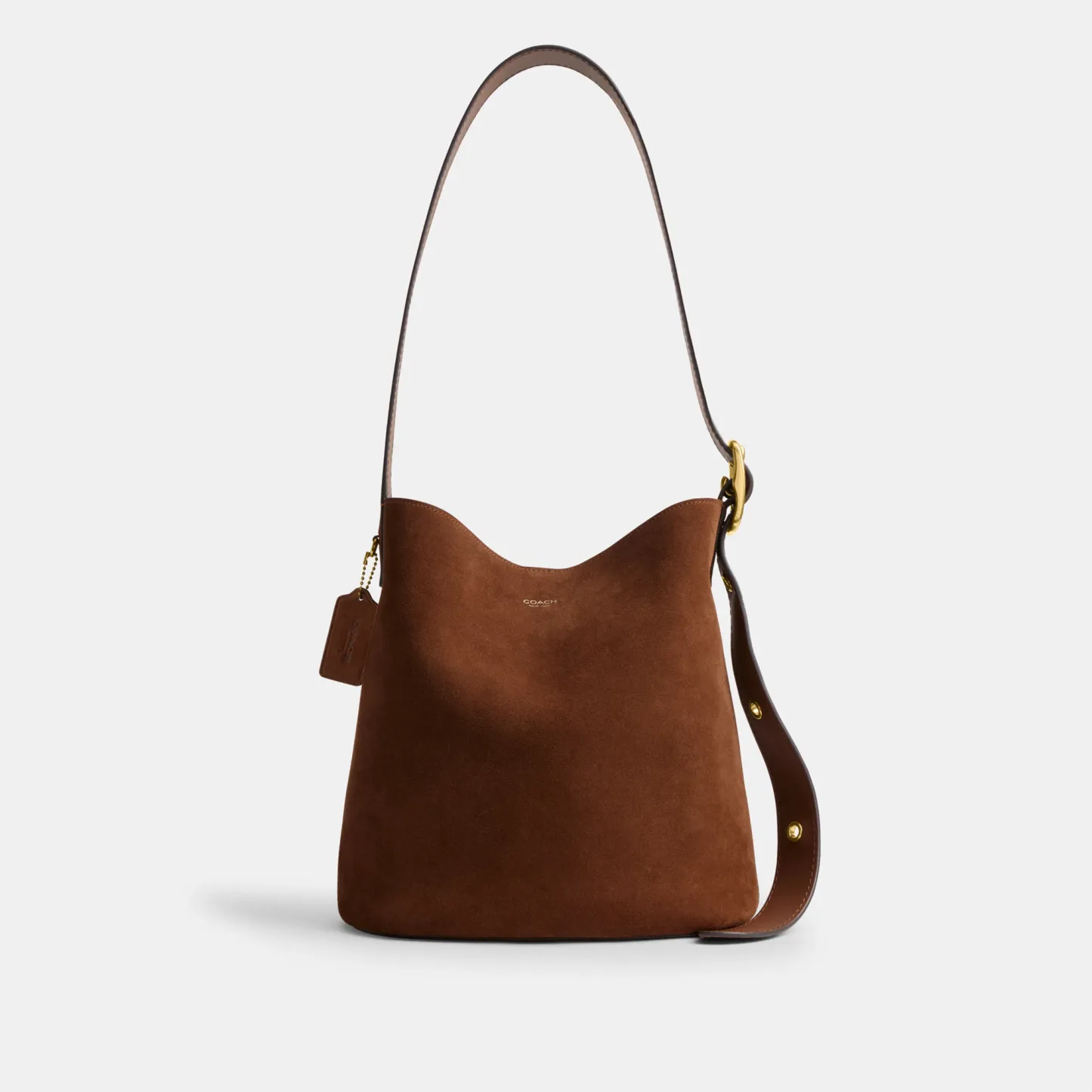 COACH®,Bleecker Bucket Bag,Leather,Suede,Bucket,Hobo,Embellished,Lined,Adjustable,Gold Metal,Casual,Brown,Front View