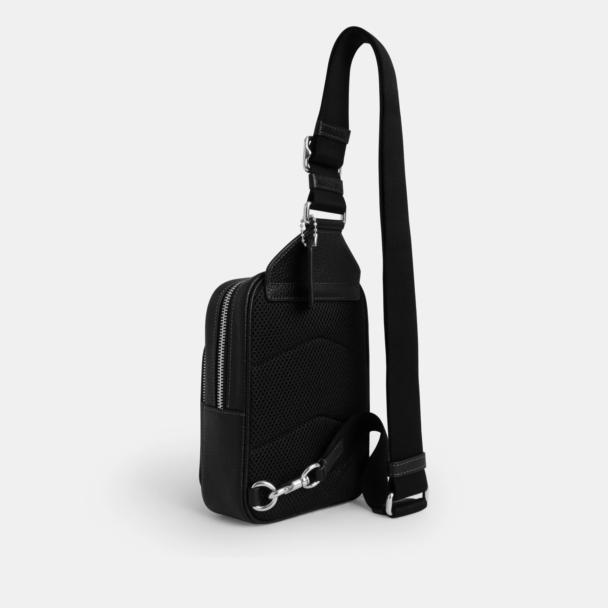 COACH®,Racer Sling Pack,Recycled Polyester,Polyester,Leather,Slingback,Metal Material,Metal,Adjustable,Silver Metal,Casual,Black,Angle View