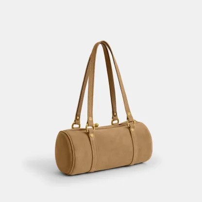 COACH®,Kisslock Barrel Bag 28,Lining Cotton,Suede,Leather,Barrel Bag,Pendant,Sustainable,Compact,Brass,Day Party,Beige,Angle View
