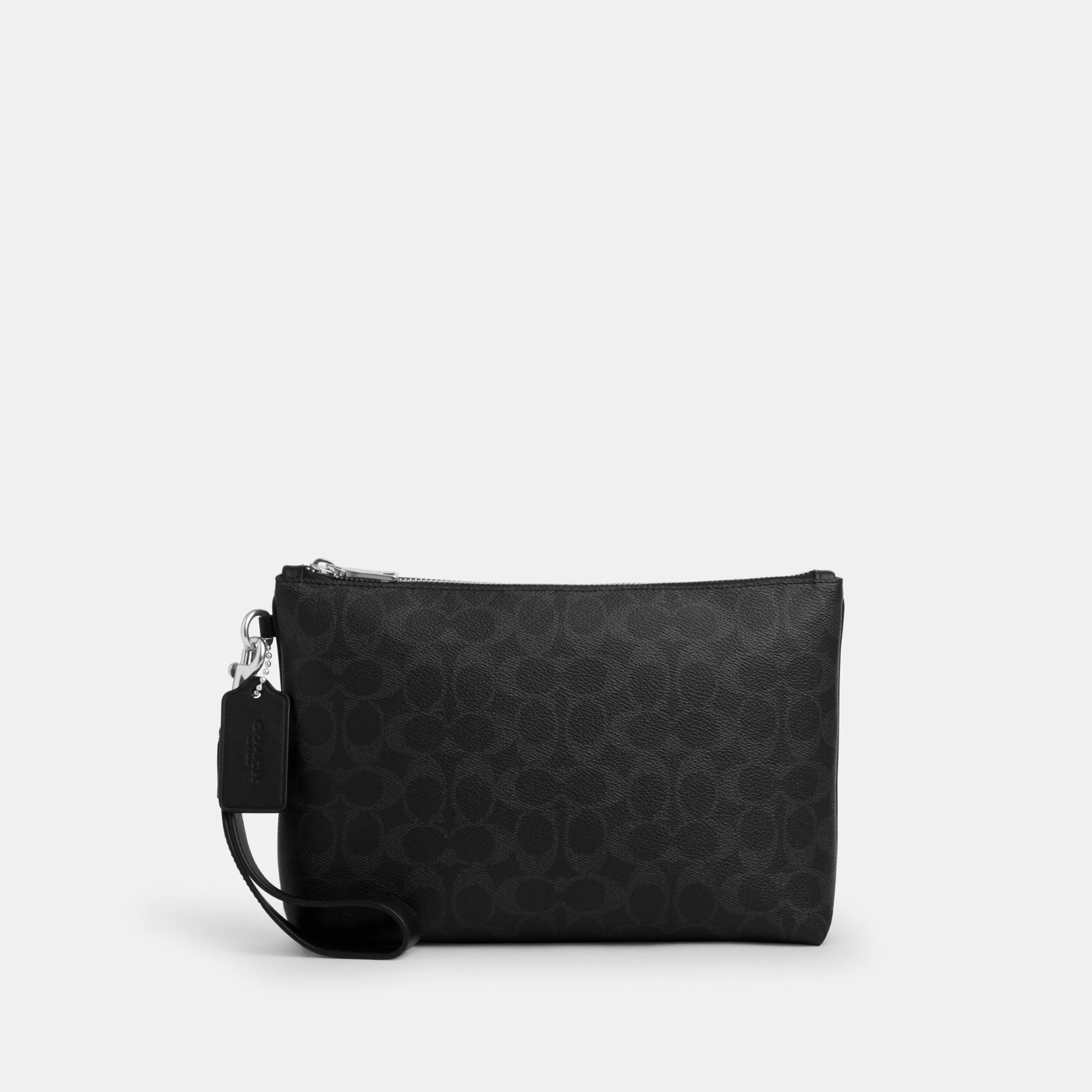 COACH®,Pouch In Signature Canvas,Canvas,Recycled Polyester,Leather,Pouch,Logo,Sustainable,Silver Metal,Casual,Black,Front View