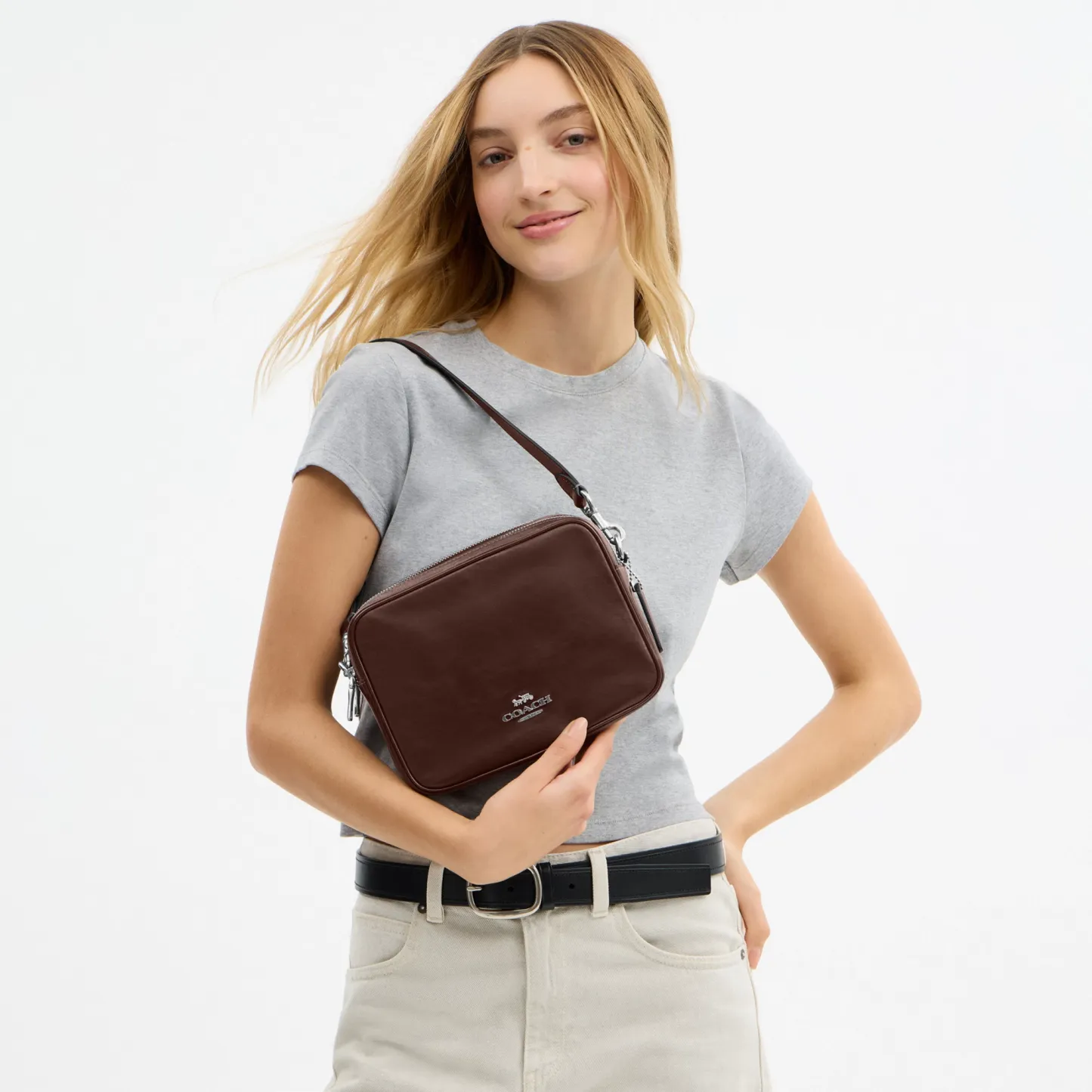 COACH®,Carey Crossbody Bag,Recycled Polyester,Leather,Camera Bag,Metal,Logo,Adjustable,Lined,Gold Metal,Casual,Brown,Detail View