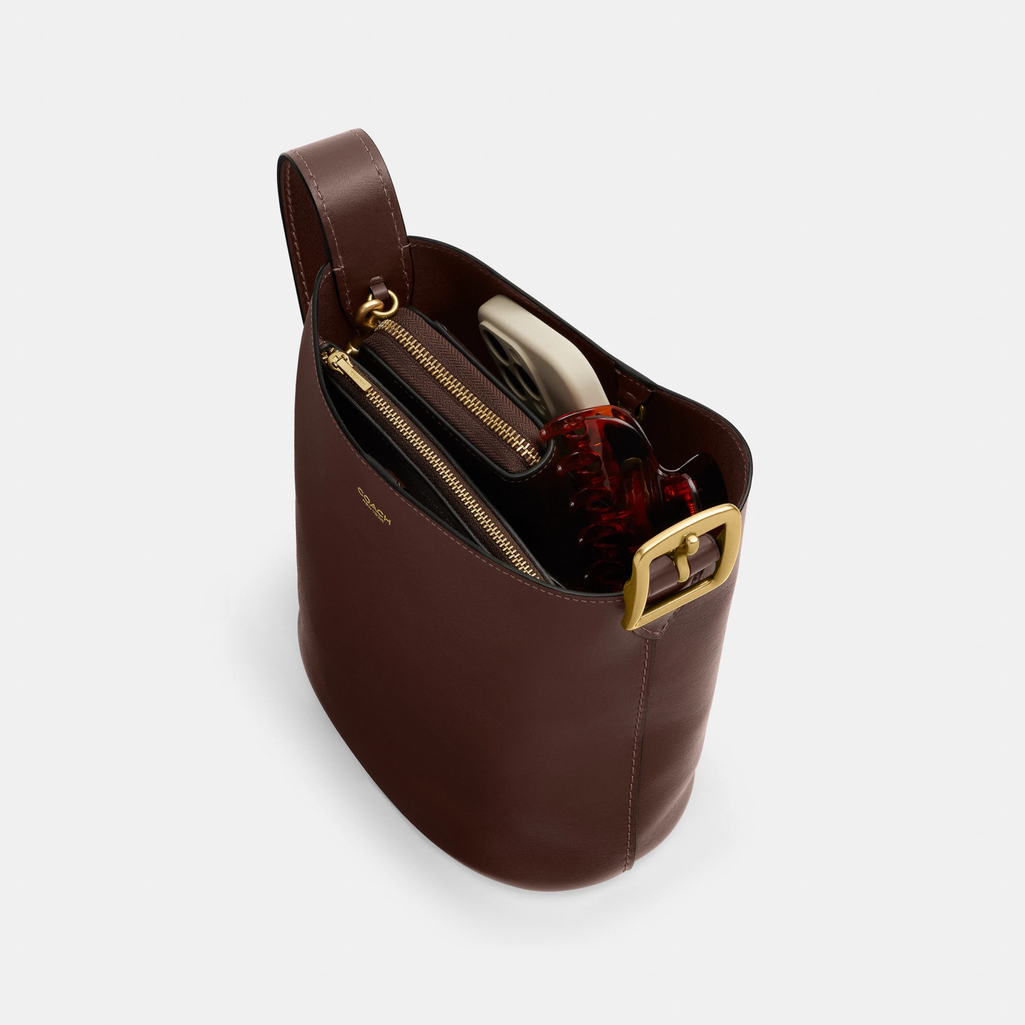 COACH®,Bleecker Bucket Bag 21,Leather,Bucket,Adjustable,Compact,Removable Pouch,Gold Metal,Casual,Brown,Inside View,Top View