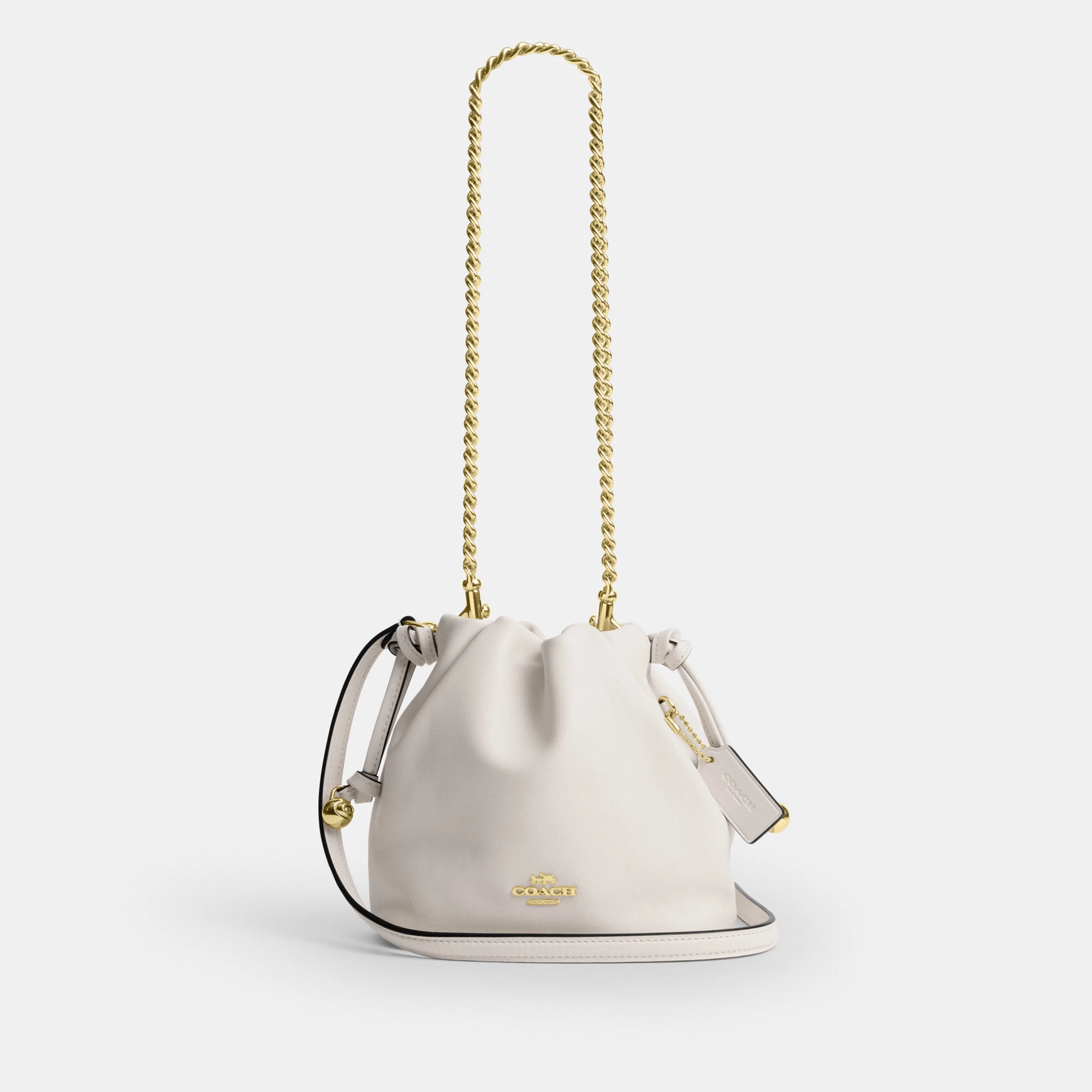 COACH®,Faye Mini Drawstring Bag,Leather,Bucket,Logo,Metal,Silver Metal,Day Party,White,Front View