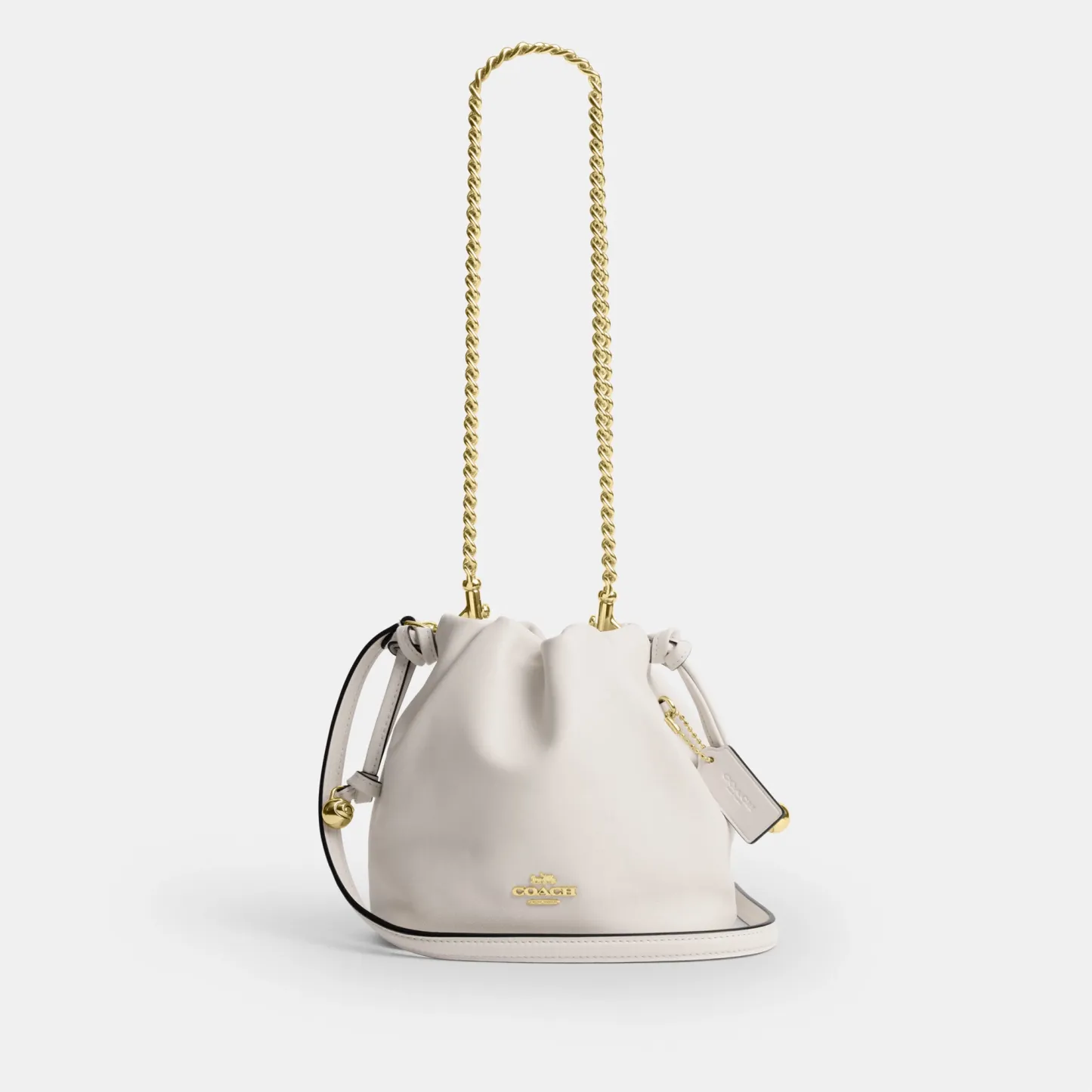 COACH®,Faye Mini Drawstring Bag,Leather,Bucket,Logo,Metal,Silver Metal,Day Party,White,Front View