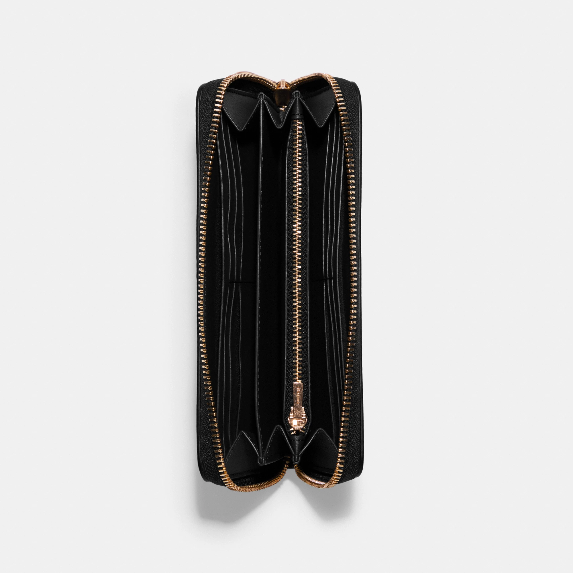 COACH®,Long Zip Around Wallet,Leather,Wristlet,Continental,Gold Metal,Casual,Black,Inside View,Top View