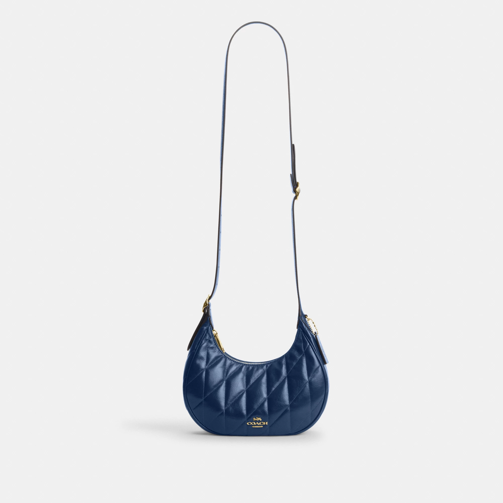 COACH®,Emily Shoulder Bag With Quilting,Recycled Polyester,Leather,Hobo,Pendant,Metal,Sustainable,Adjustable,Gold Metal,Da...,Blue