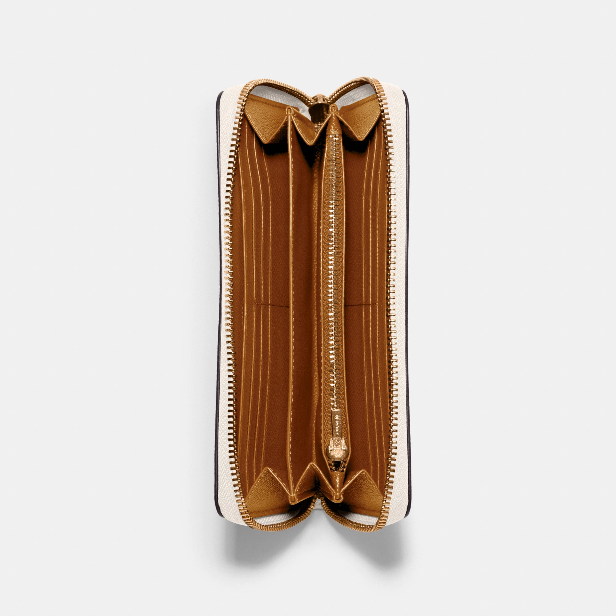 COACH®,Long Zip Around Wallet,Leather,Wristlet,Continental,Gold Metal,Casual,Cream,Inside View,Top View