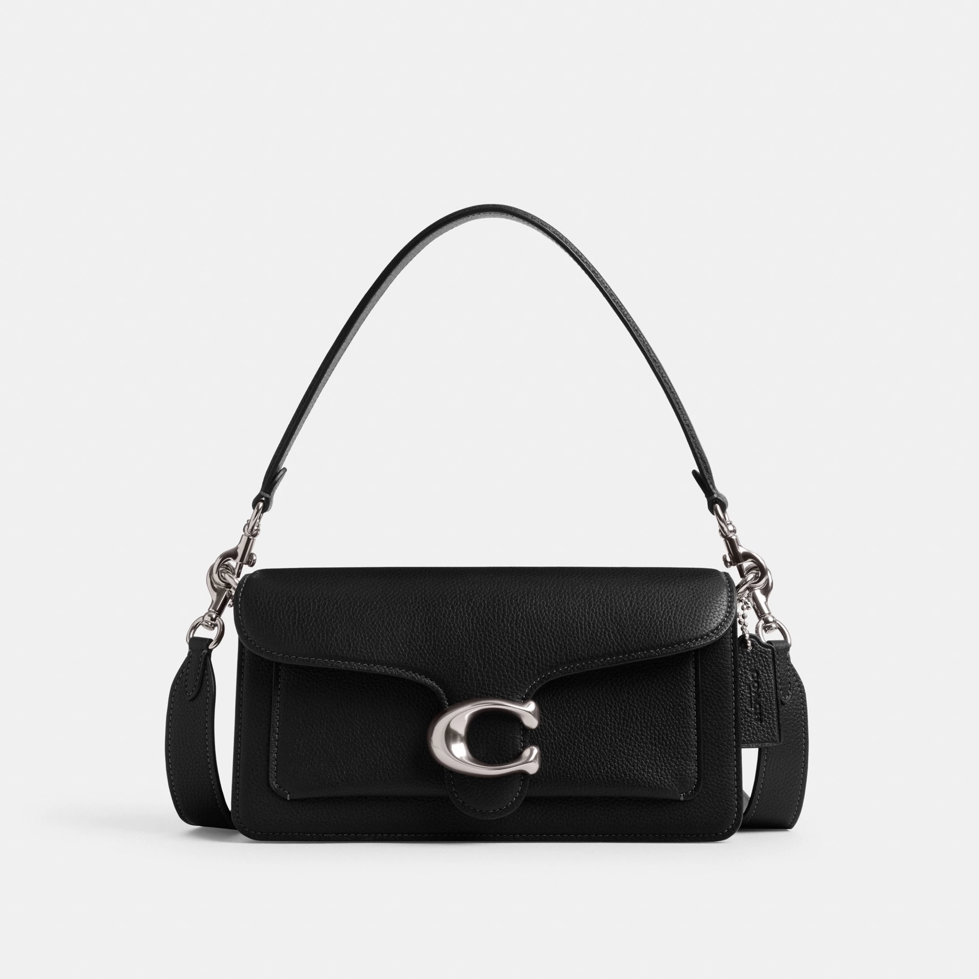 COACH®,Tabby Shoulder Bag 26,Leather,Shoulder Bag,Crossbody,Logo,Gusset,Gold Metal,Casual,Black,Front View