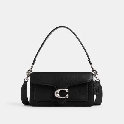 COACH®,Tabby Shoulder Bag 26,Leather,Shoulder Bag,Crossbody,Logo,Gusset,Gold Metal,Casual,Black,Front View