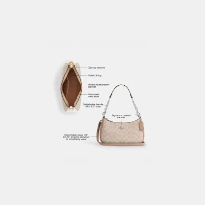 COACH®,Teri Shoulder Bag In Signature Canvas,Shoulder Bag,Logo,Tag Embellishment,Embossed,Metal,Casual,Beige