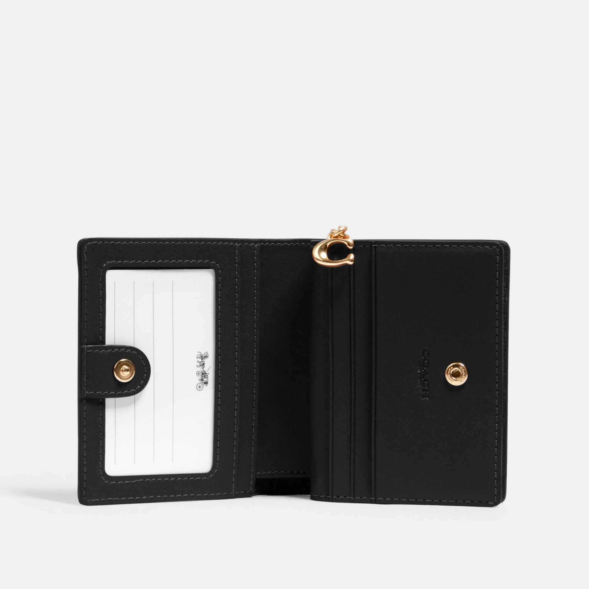 COACH®,Snap Wallet,Leather,Bi Fold,Gold Metal,Casual,Black,Inside View,Top View