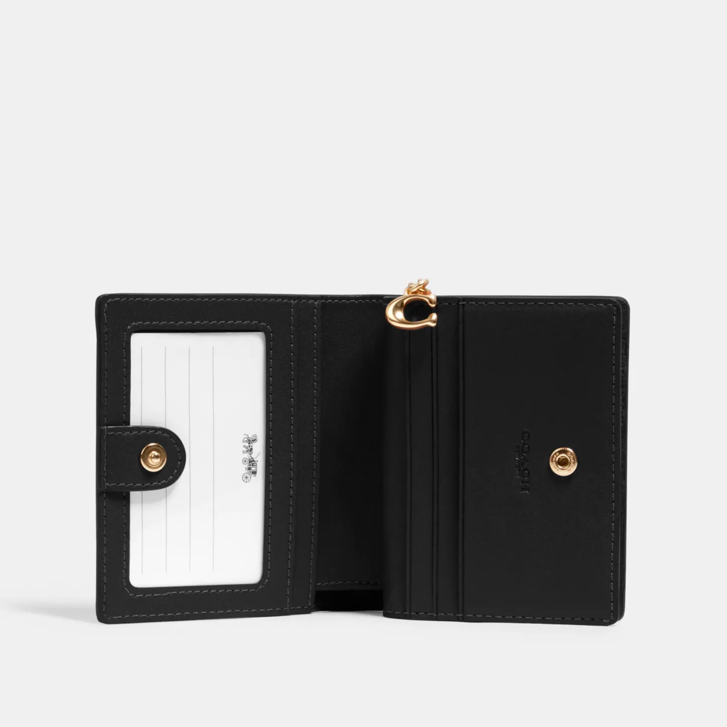 COACH®,Snap Wallet,Leather,Bi Fold,Gold Metal,Casual,Black,Inside View,Top View