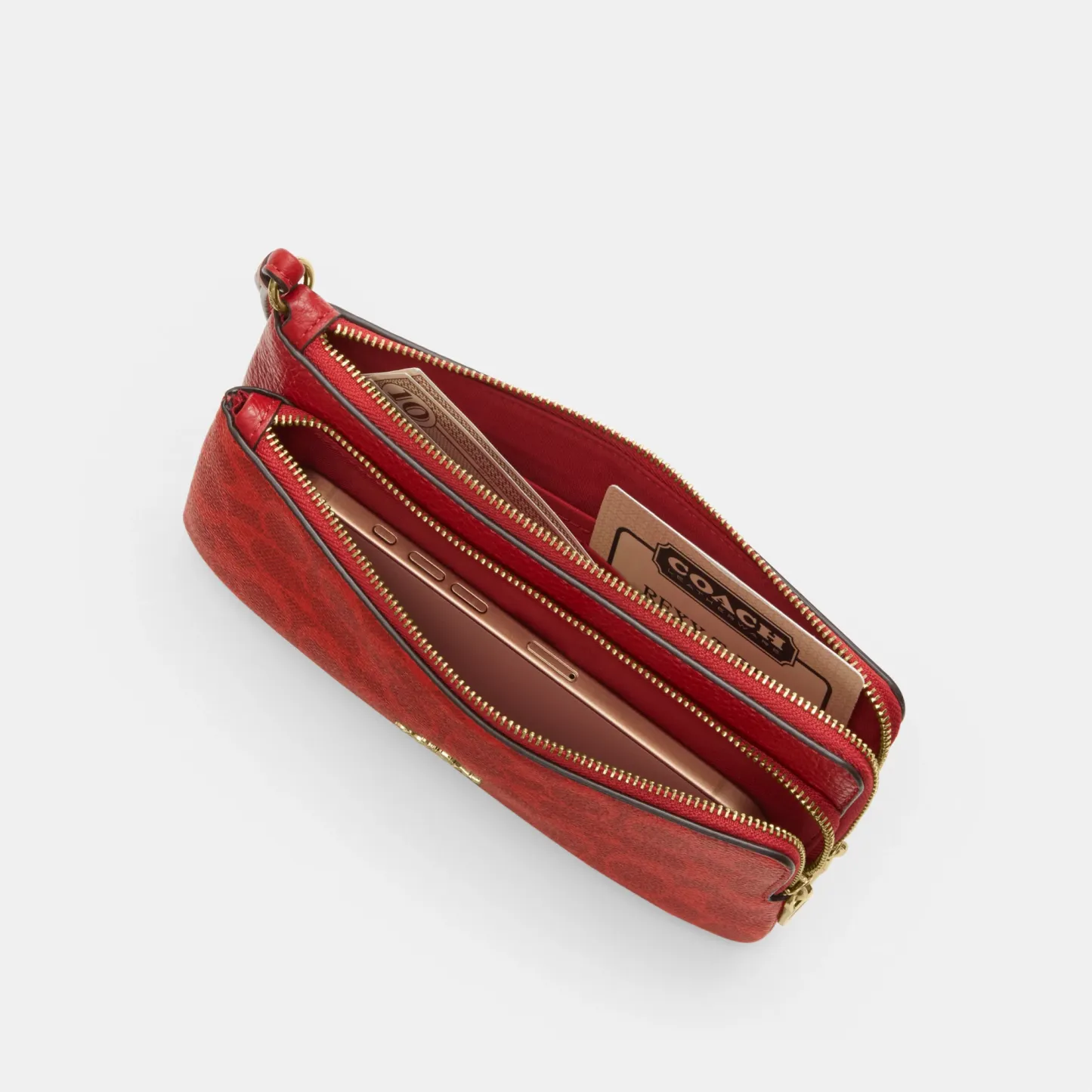COACH®,Double Zip Wallet In Signature Canvas,Continental,Coin,Color Block,Casual,Red,Inside View,Top View