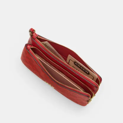 COACH®,Double Zip Wallet In Signature Canvas,Continental,Coin,Color Block,Casual,Red,Inside View,Top View