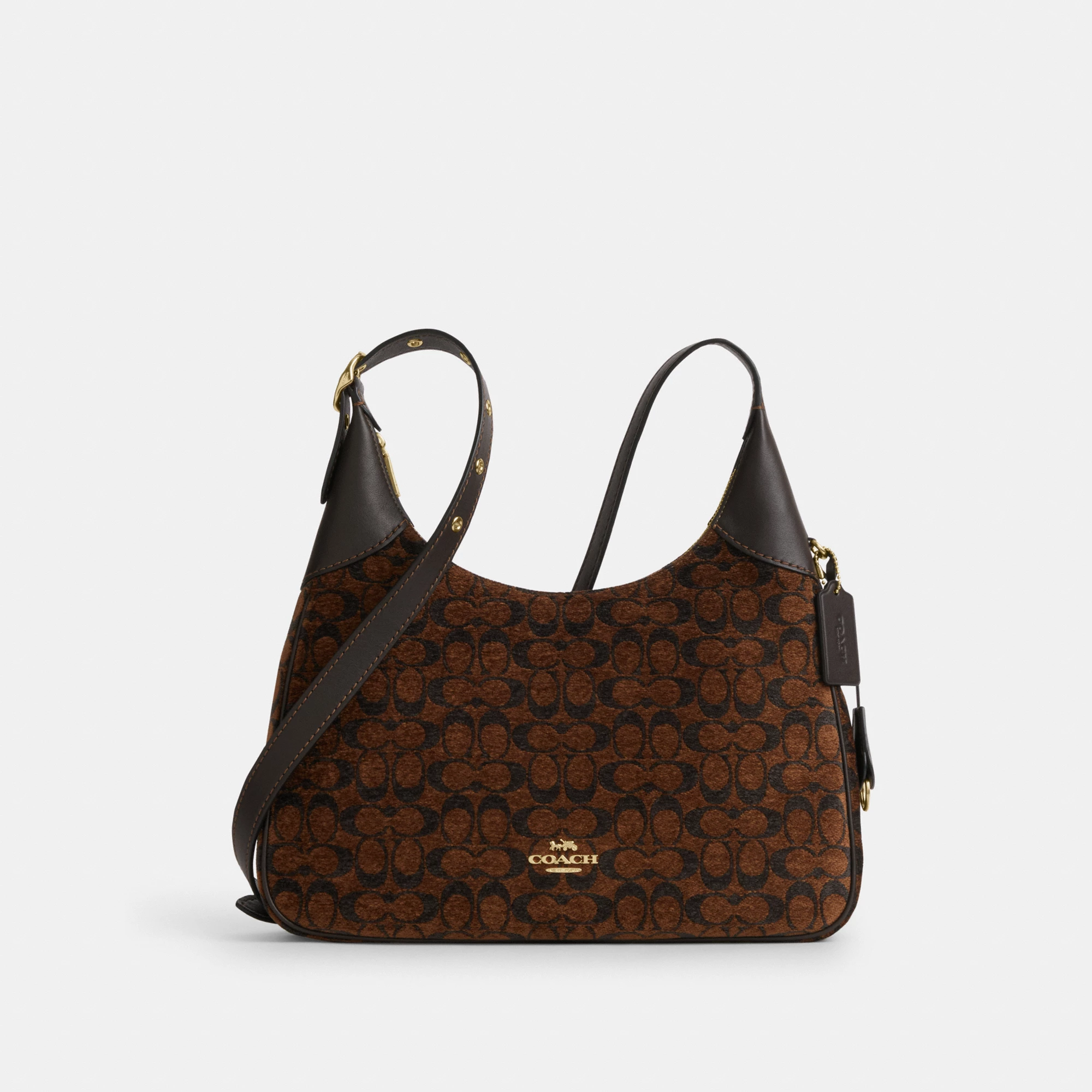 COACH®,Ella Shoulder Bag In Signature Chenille,Mixed Media,Leather,Crossbody,Word Embellishment,Logo,Metal,Lined,Adjustabl...,Brown,Front View