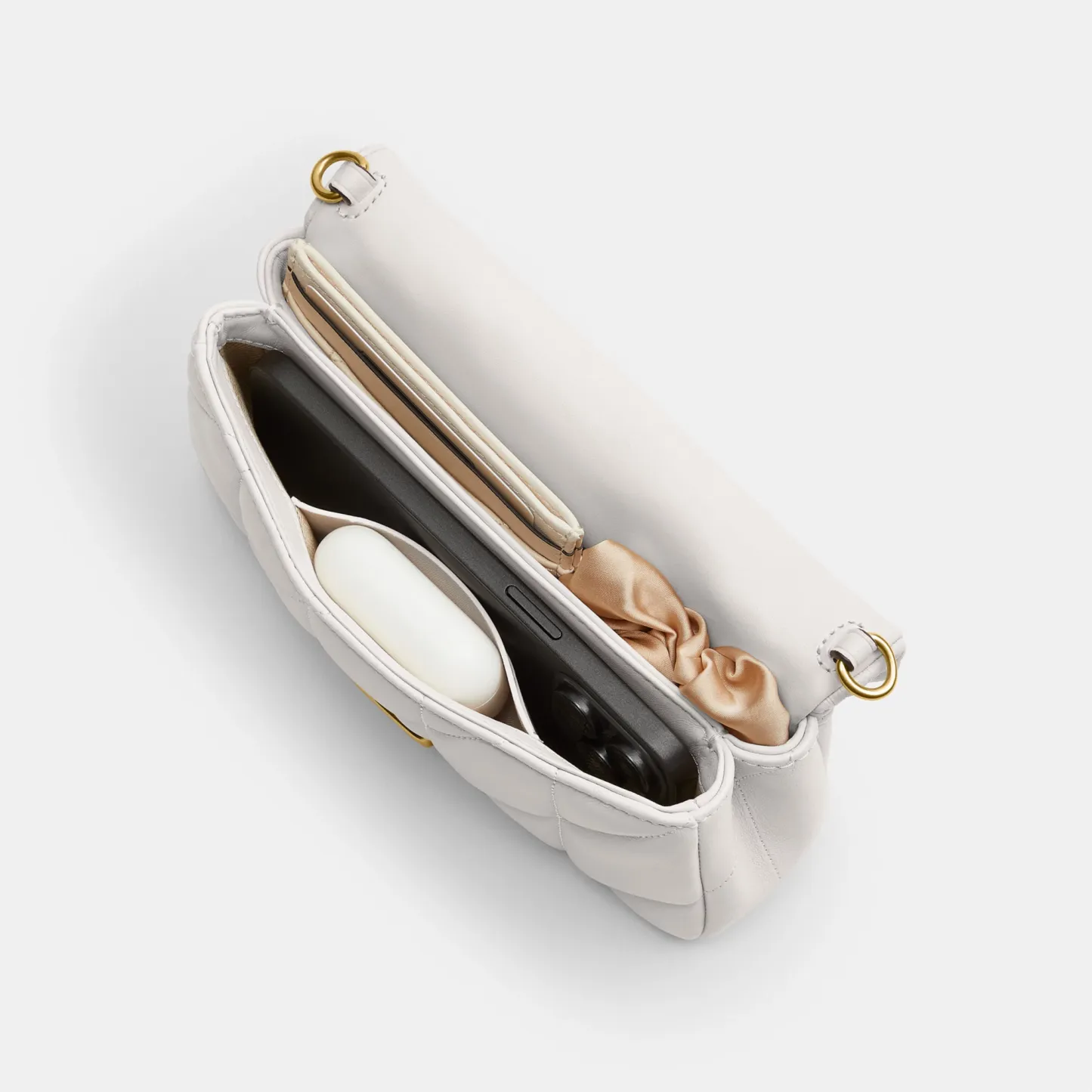COACH®,Tabby Chain Crossbody Bag 19 With Quilting,Lining Leather,Leather,Crossbody,Wristlet,Logo,Pattern,Stitching,Embelli...,White,Inside View,Top View