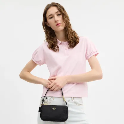 COACH®,Nolita 19,Leather,Pouch,Wristlet,Metal,Logo,Gold Metal,Casual,Black,Detail View